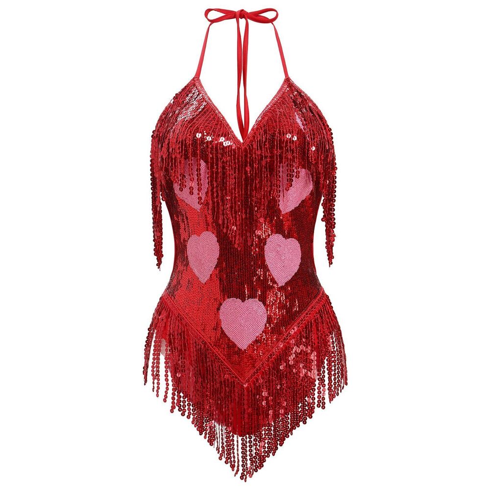 2964 Rave Outfits Music Festival Sexy Backless V Neck Heart Sequins Tassel